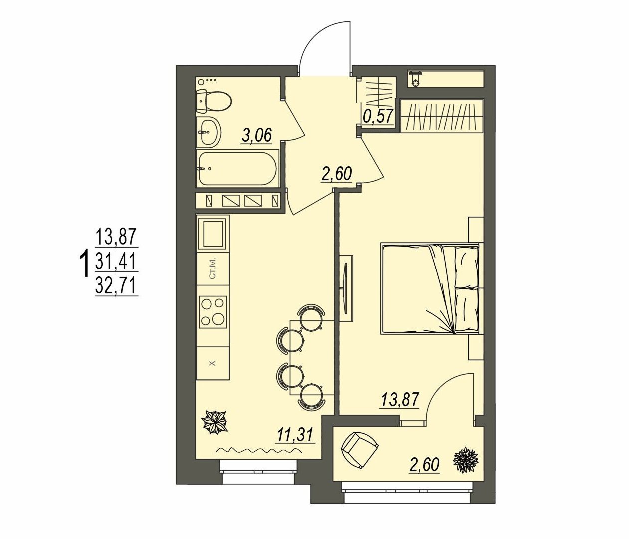 Планировка: под аренду и инвестицию, 1 комната 32,71 м²