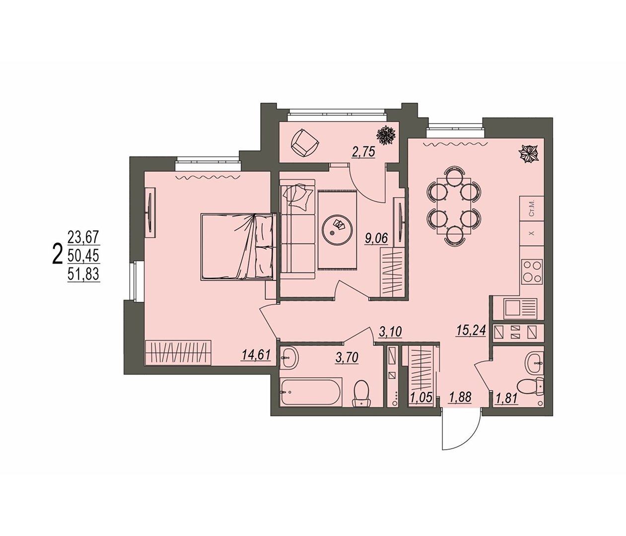 Планировка: семья с детьми, 2 комнаты 51,83 м²
