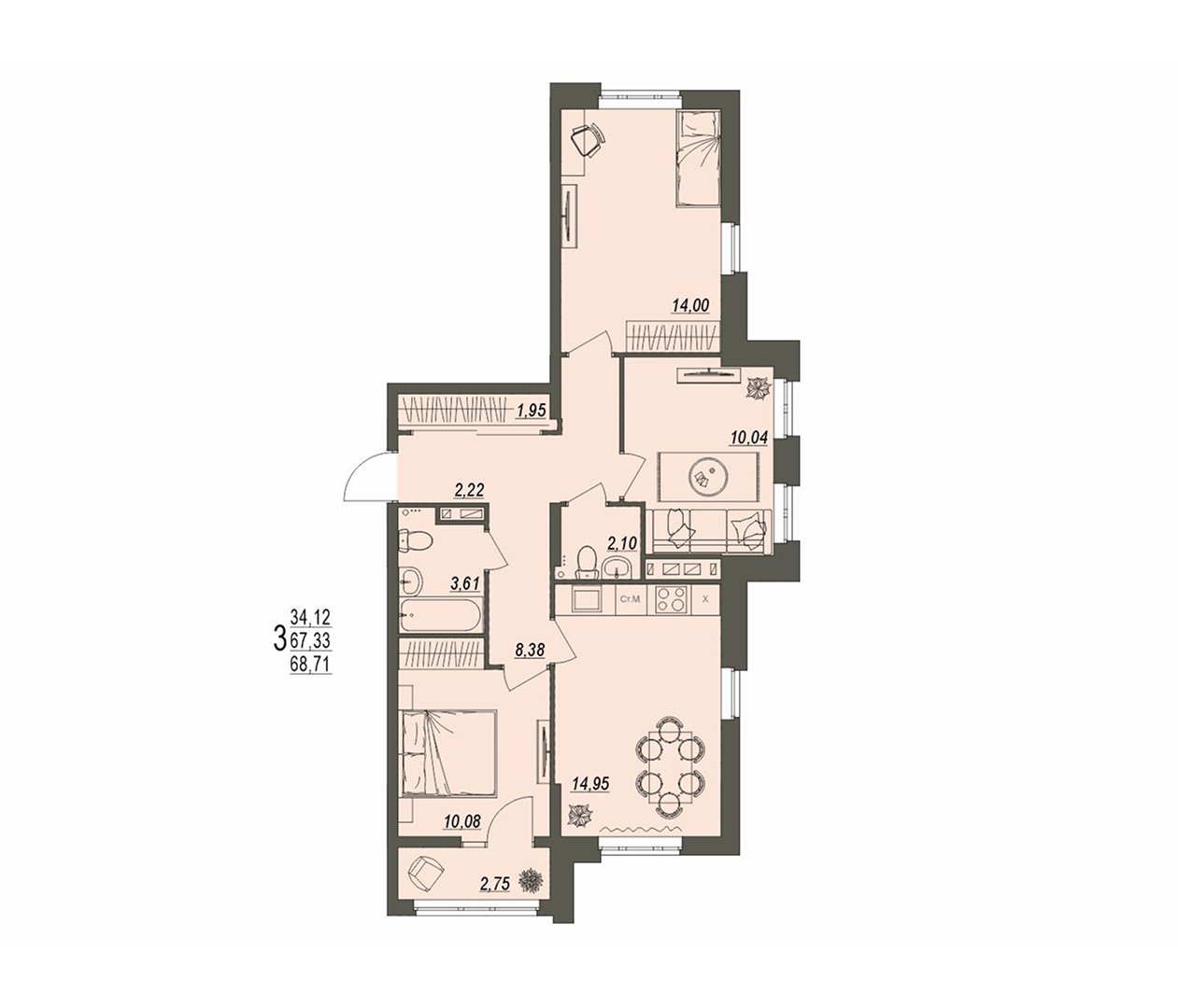 Планировка 3-комнатной квартиры, 68,71 м²